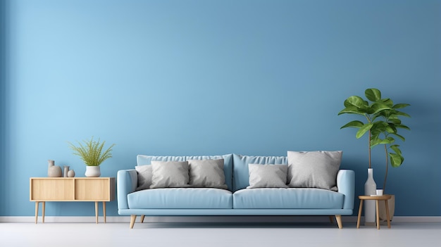 Diseño moderno de sala de estar azul con sofá