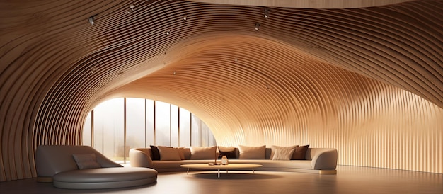 diseño moderno de sala de estar de techo arqueado de madera y concepto de líneas curvas