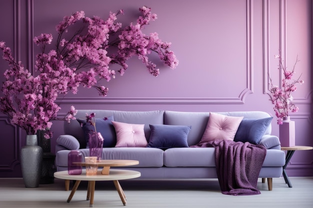 Diseño moderno de salón morado con sofá y muebles con flores.