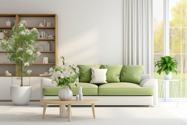 Diseño moderno de salón verde con sofá y muebles con flores.