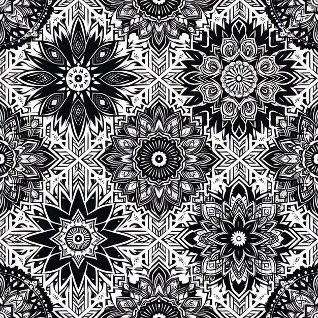 Diseño monocromático de patrones florales sin costuras diseño monocromáticos de patrones de mandalas