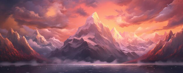 Diseño de montañas en la puesta de sol salvaje y nubes pastel ilustración 3d Generative Ai