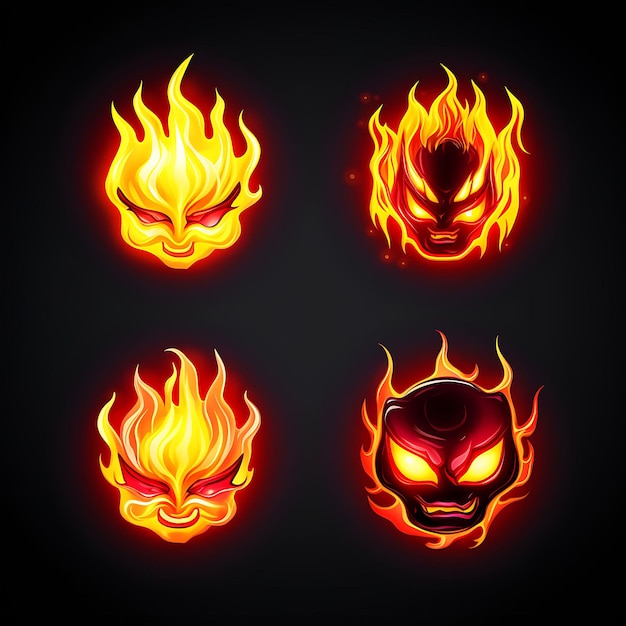 Diseño de neón de emoji de icono de fuego con expresiones ardientes e intensas o conjunto de pegatinas de imágenes prediseñadas