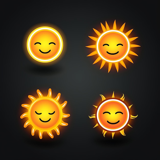 Diseño de neón del icono de la cara del sol Emoji con un conjunto de pegatinas de imágenes prediseñadas radiantes, felices, soñolientas y cálidas