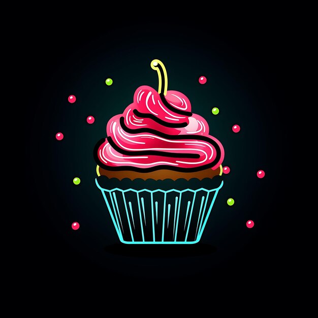 Diseño de neón del logotipo de cupcake con chispitas y cerezas, idea de tatuaje de imágenes prediseñadas de color rosa dulce y menta