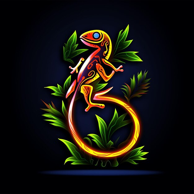 Foto diseño de neón del logotipo de gecko vibrante con pose de escalada y hojas tropicales ex idea de tatuaje de imágenes prediseñadas