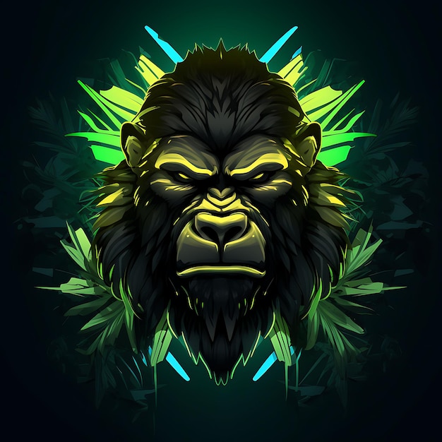 Diseño de neón del logotipo de gorila potente con brazos fuertes y follaje de jungla Tr Clipart Idea Tattoo