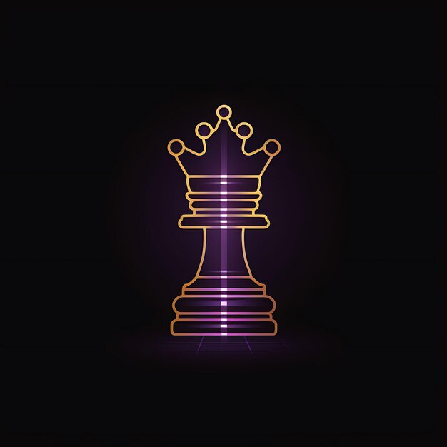 Diseño de neón del logotipo de pieza de ajedrez con corona y tablero a cuadros. Tatuaje de idea de imágenes prediseñadas de color púrpura real.