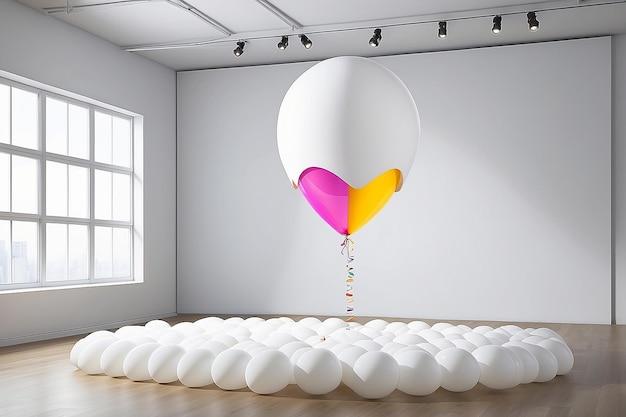 Diseño de oasis de arte flotante con pantallas responsivas en una habitación llena de globos