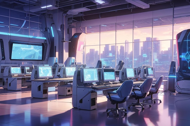 Diseño de oficina futurista con equipos informáticos modernos.