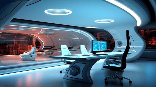 diseño de oficina futurista con equipos de tecnología moderna