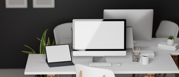 Diseño de oficina interior de renderizado 3D con dos escritorios de oficina uno frente al otro con dispositivos informáticos y suministros de oficina Ilustración 3D