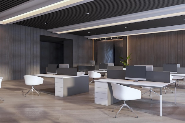 Diseño de oficina minimalista con sorprendente contraste en blanco y negro y muebles modernos Renderizado en 3D