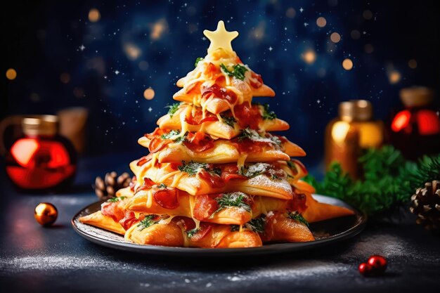 Diseño original del árbol de Navidad con ilustraciones de pizza sobre fondo borroso IA generativa