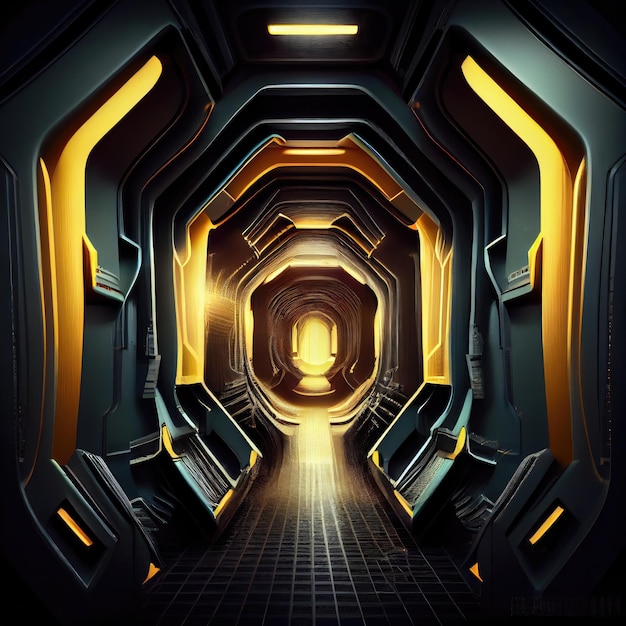 Diseño original de corredor con túnel en interior futurista de ciencia ficción oscuro creado con ai generativo
