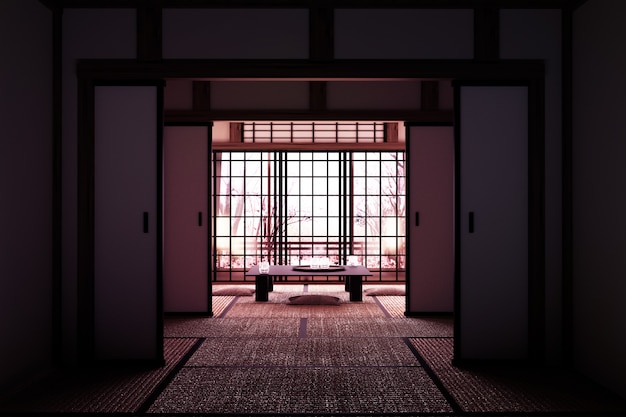 Diseño original - Interior de la habitación con vista de la ventana Árbol Sakura, estilo japonés. Representación 3D