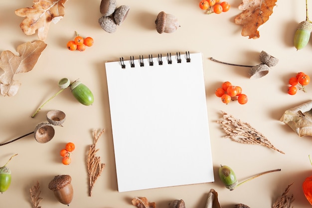 Diseño otoñal de fresno de montaña, bellotas, hojas caídas, conos con un cuaderno de espacio de copia en blanco