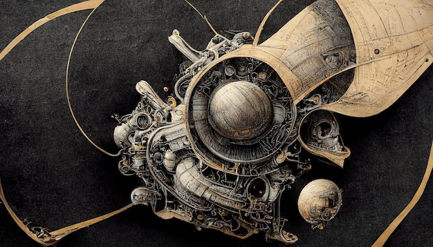 Un diseño de página completa de motor de nave espacial papel negro y bronce intrincado marginalia infográfico épico altamente detallado