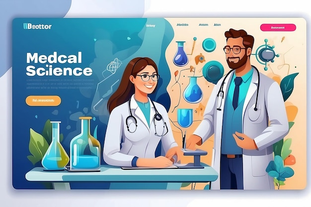 Diseño de página de fondo de plantilla receptiva de ciencia médica con personaje de médico y enfermera en laboratorio médico