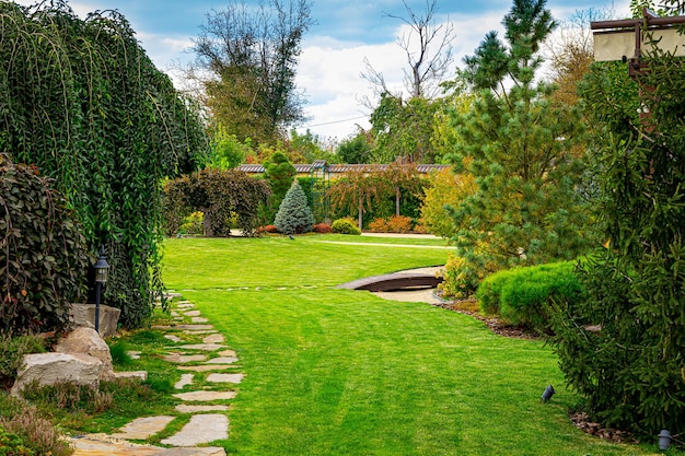 Foto diseño de paisaje de jardín delantero con multicolor.
