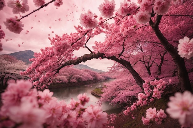 Foto diseño de paisaje de papel pintado de fondo de flor de cerezo realista