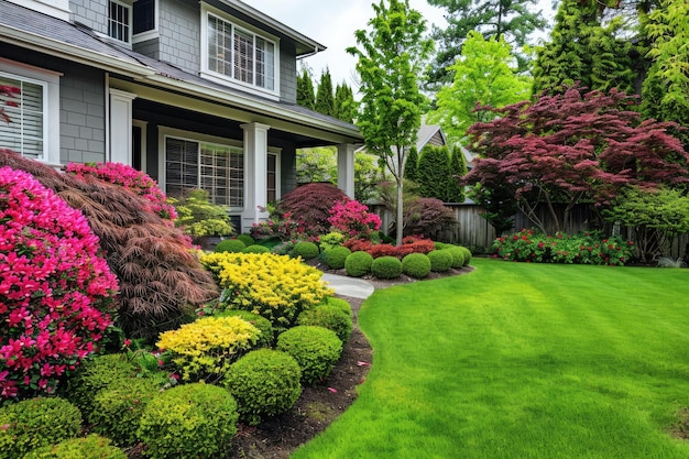 Diseño del paisaje del patio delantero con arbustos multicolores que se cruzan con céspedes de color verde brillante