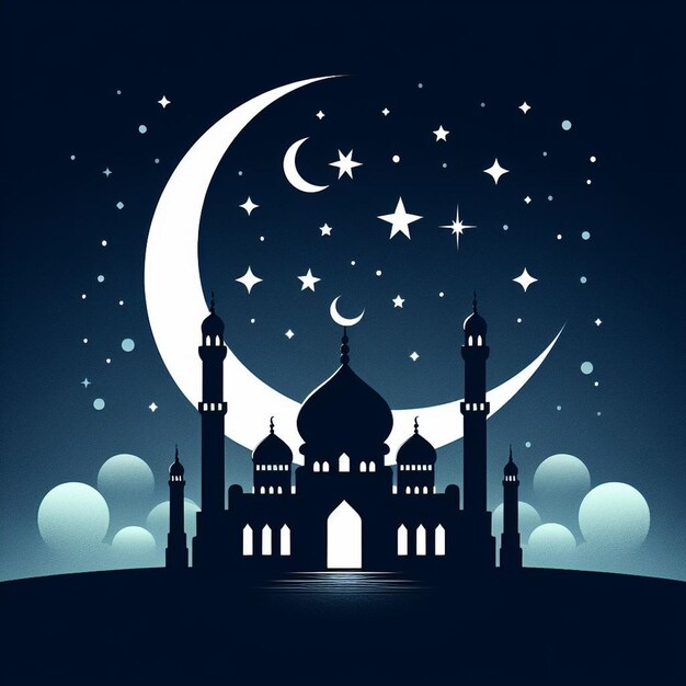 Diseño de paisaje de Ramadán de una mezquita frente a una gran luna creciente