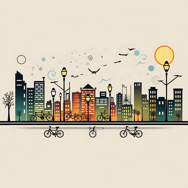 Foto diseño del paisaje urbano rascacielos fronterizos bicicletas farolas urbanas clipart pie de página arte de encabezado