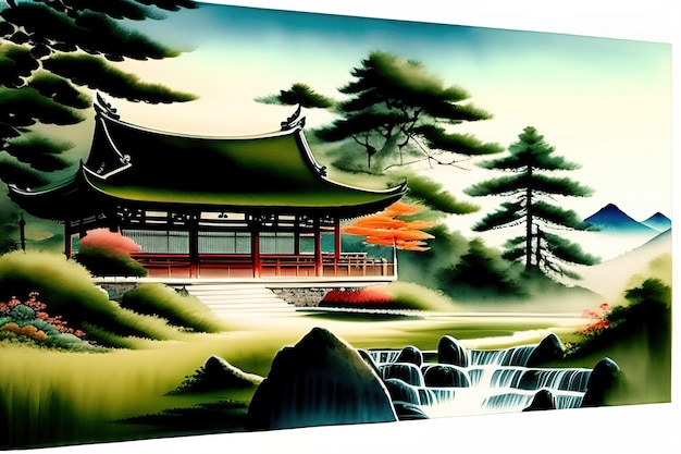 Diseño paisajístico de estilo chino y japonés en acuarela.