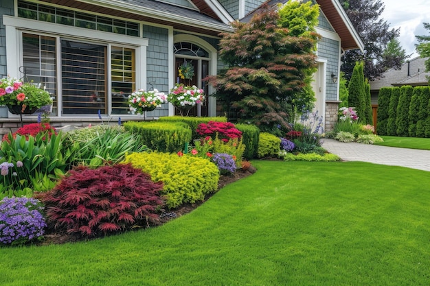 Diseño paisajístico del patio delantero con arbustos multicolores y hierba verde con un hermoso patio