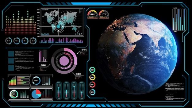 Diseño de pantalla frontal de realidad virtual futurista con renderizado 3D de red global orbital