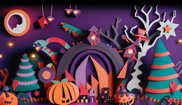 diseño de papel de halloween árbol espeluznante y casas ilustración 3d