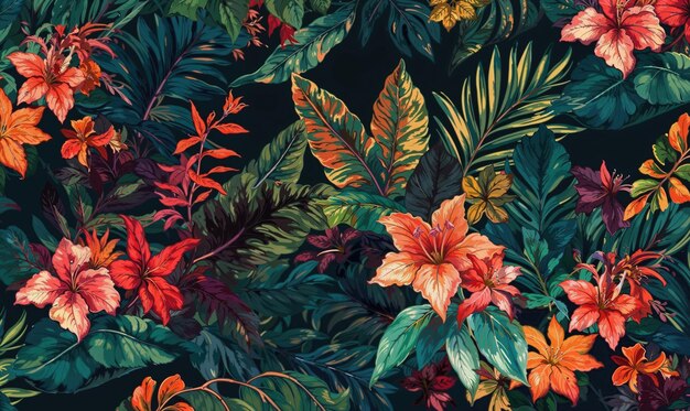 Diseño de papel tapiz de estilo realista con patrón floral exótico sin costuras