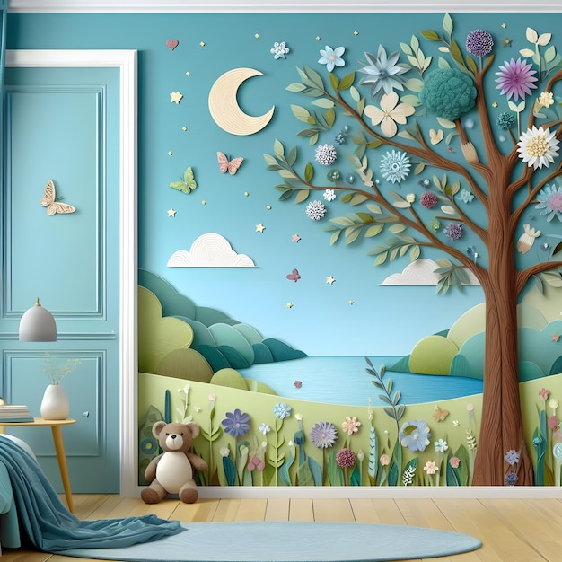 Foto diseño de papel tapiz interior pintura de un árbol y un oso sentado en el suelo