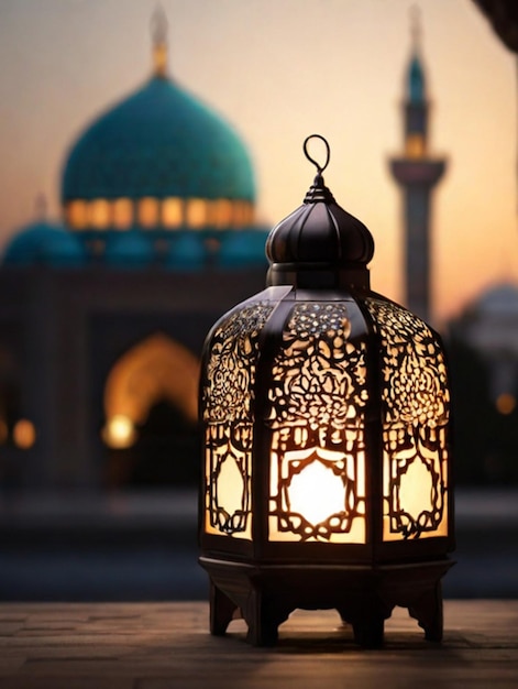 Foto diseño de papel tapiz de linterna de cultura islámica de saludo eid