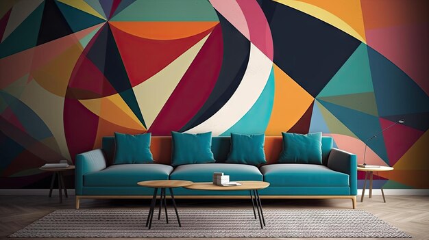 un diseño de papel tapiz por persona presenta un fondo colorido con una mesa redonda y una mesa de café.