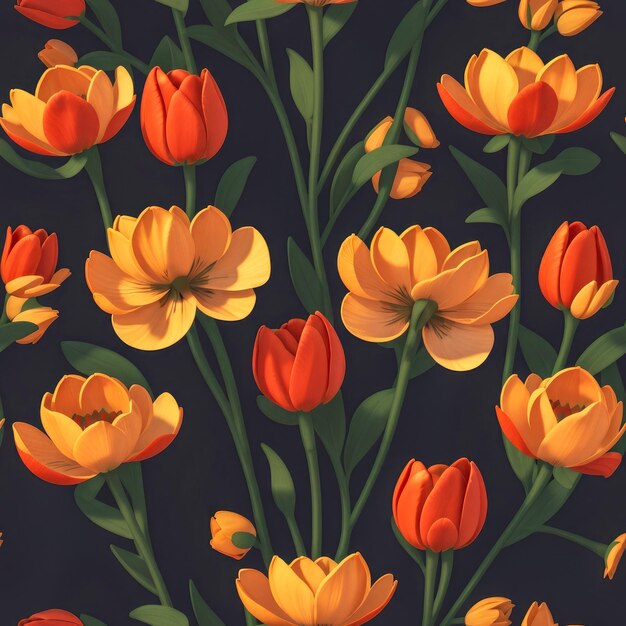 Diseño de papel tapiz de primavera sin costuras de tulipanes realistas en fondo oscuro