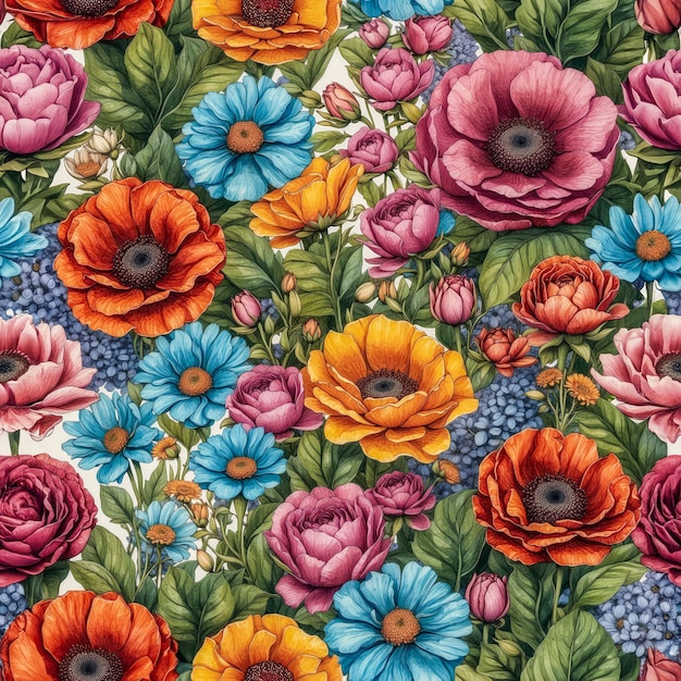 Diseño de papel tapiz de primavera de estilo acuarela con flores coloridas sin costuras y patrón de ilustración