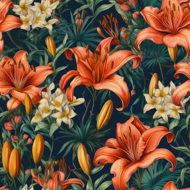 Diseño de papel tapiz de primavera con ilustración 3D de flores de lirio de color naranja sin costuras