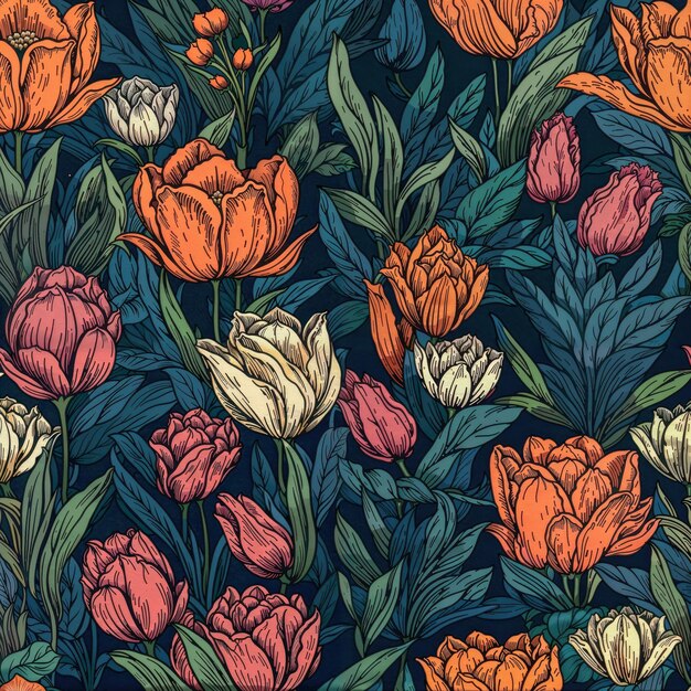 Foto diseño de papel tapiz de primavera con patrón vectorial de tulipanes sin costuras