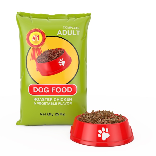 Diseño de paquete de bolsa de comida para perros cerca de recipiente de plástico rojo con comida seca para perro sobre un fondo blanco. Representación 3D