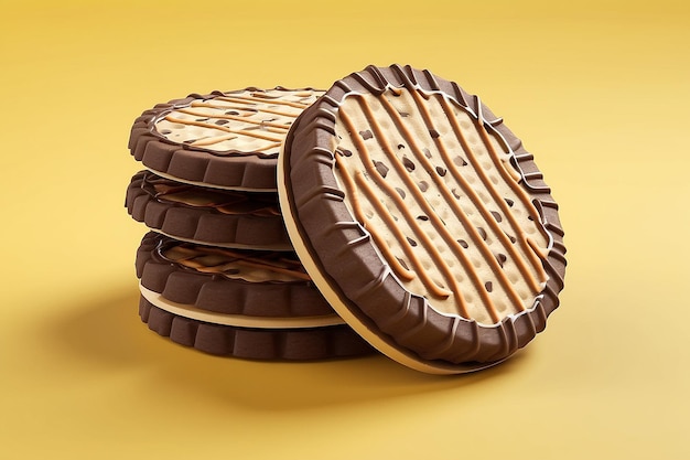 Diseño del paquete de la oblea de chocolate Diseño del delicioso paquete de galletas aislado en fondo amarillo en ilustración 3D