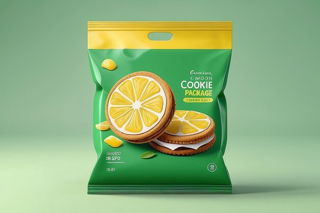 Diseño de paquetes de galletas para sándwiches paquetes de alimentos en bolsa de aluminio con sabor a limón aislados sobre fondo verde