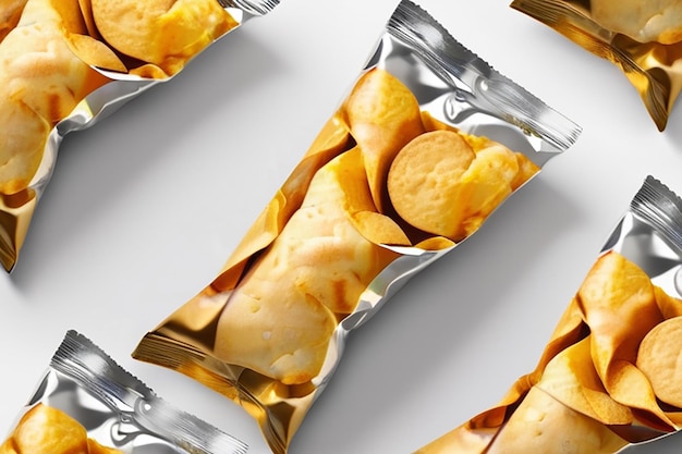 Foto diseño de paquetes de papas fritas bolsas de aluminio aisladas sobre un fondo blanco en ilustración 3d