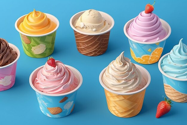 Diseño de paquetes de tazas de helado para diferentes sabores en fondo azul en ilustración 3D