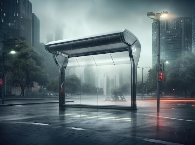 Diseño de parada de autobús de metal de vidrio con panel vacío para cartelera en ciudad futurista
