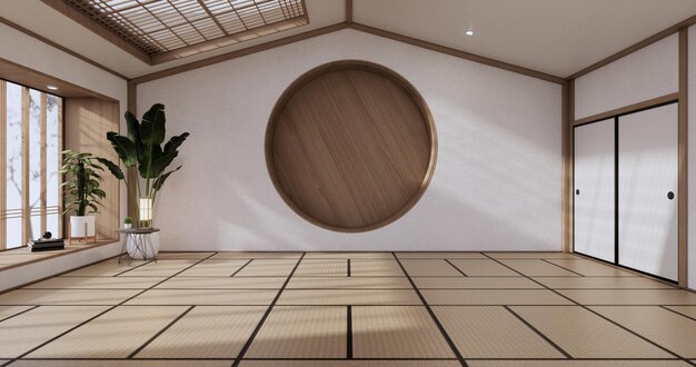 Diseño de pared de estantería circular, diseño japonés de habitación vacía con suelo de tatami. representación 3D