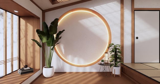 Diseño de pared de estantería circular, diseño japonés de habitación vacía con suelo de tatami. representación 3D