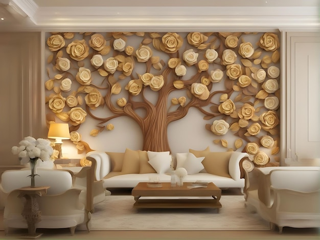 Diseño de paredes de decoración interior árbol flor de madera