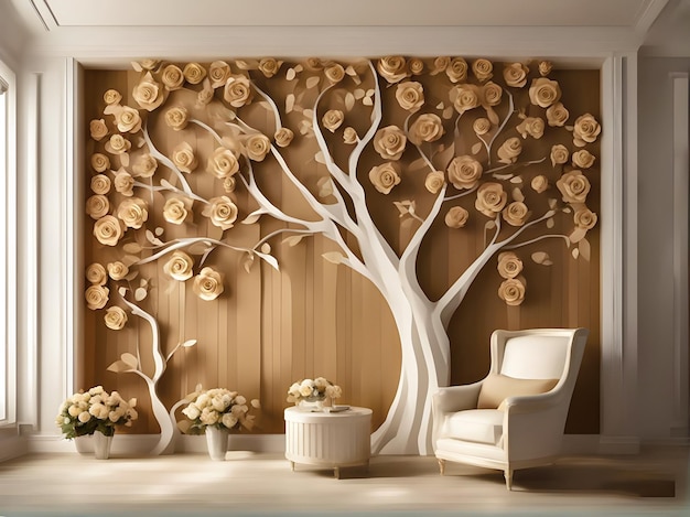 Diseño de paredes interiores de madera de flores de árbol